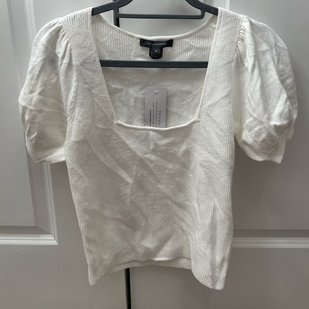 NWT: French Connection White Ribbed Square Neck Puff Sleeve Top Medium Stretchy